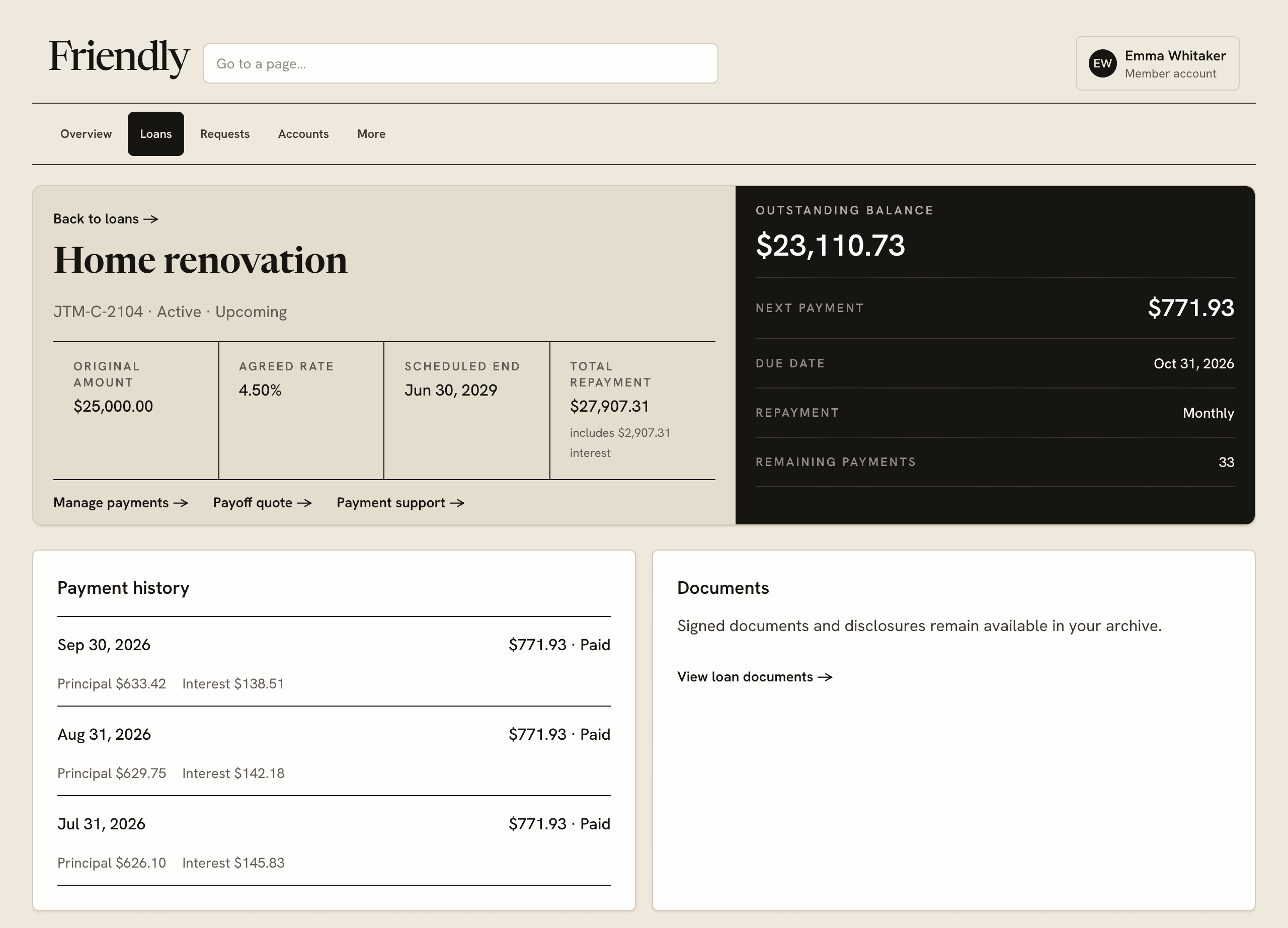 Emma’s Friendly loan workspace showing a $23,110.73 outstanding balance, a $771.93 next payment, and three completed repayments.