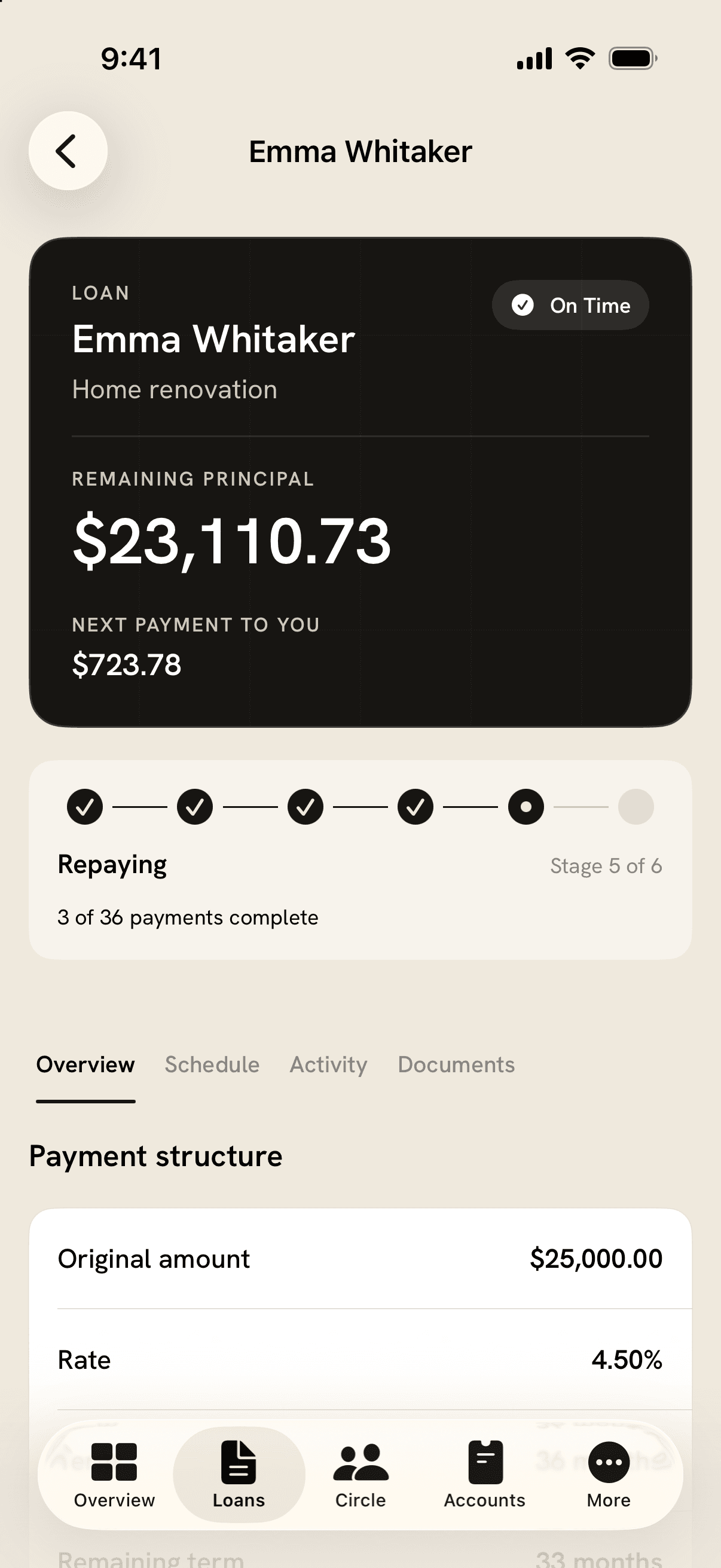 Emma’s loan in the Friendly iOS app: $23,110.73 remaining, $723.78 expected to the lender, and 3 of 36 payments complete.