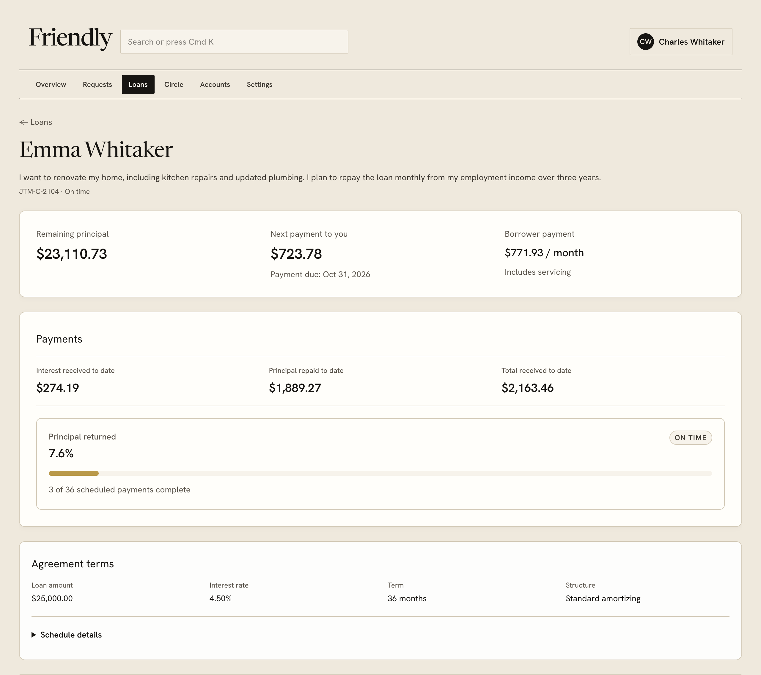 Actual Patron loan workspace for Emma’s loan, showing its status, balance, next payment, and repayment progress after three repayments.