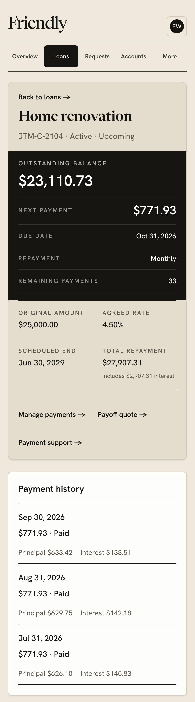 Emma’s Friendly loan workspace showing a $23,110.73 outstanding balance, a $771.93 next payment, and three completed repayments.